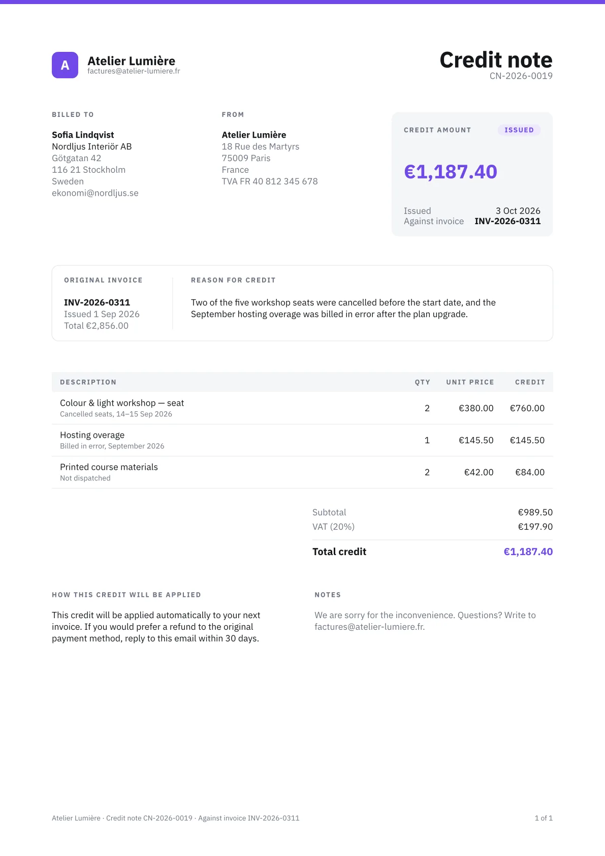 Credit note template, rendered from sample data