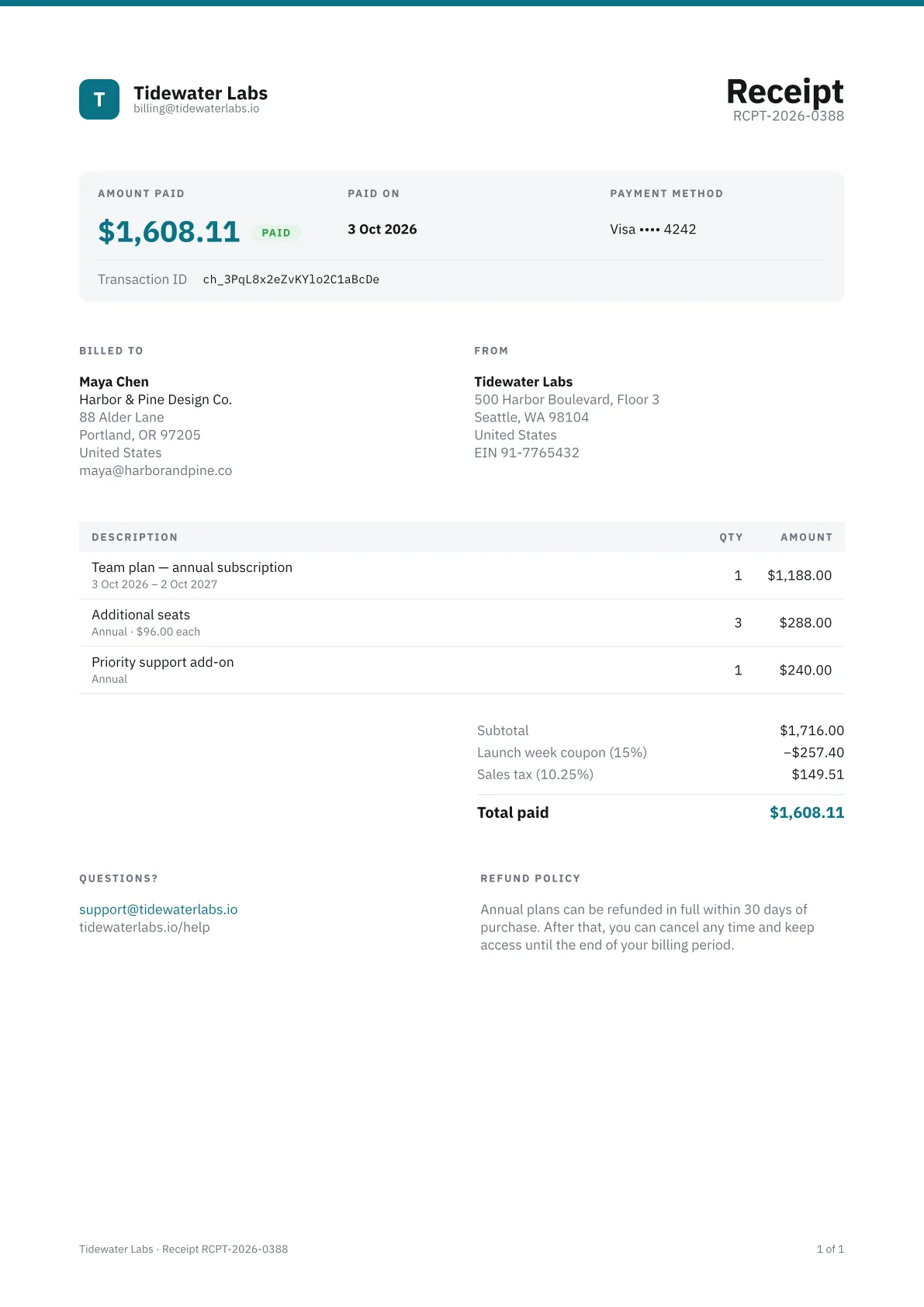 Receipt template, rendered from sample data